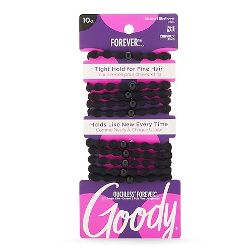 Goody Ouchless Forever Fine Hair Elastics - 10 Ct, Black, Damage-Free Bands, 3X Stronger Hair Ties, Retainable Shape, 16 Strand Inner Core, Hair Accessories for Women & Men