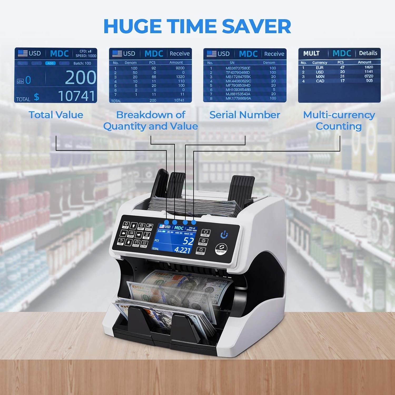 MUNBYN Bank Grade Money Counter Machine Mixed Denomination, Value Counting, Serial Number, Multi Currency, PC/Printer Enabled 11 Counterfeit Detection Cash Counter Machine with Bill Recognizes : Office Products