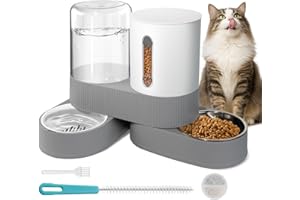 BSEMAX Automatic Gravity Cat Dog Feeder and Water Dispenser with 304 Stainless Steel Bowls 2 in 1 360 Degree Rotatable Auto 2.4L Dry Food and 2.6L Water Bowl for Small Medium Pet Dog Puppy Kitten (Gray)
