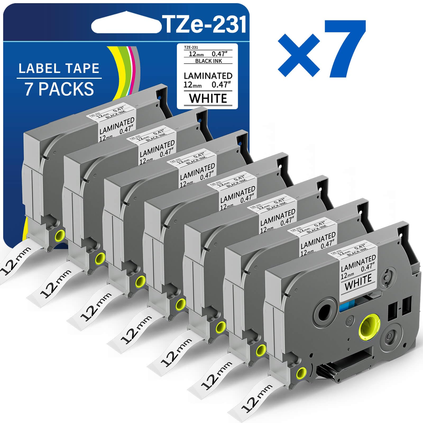 Photo 1 of TZE-231 12mm 0.47 Laminated Black on White Tape Replacement for Brother TZ TZE TZE231 12mm 1/2" 8m Tape for P-Touch PT-D220 PTD220 PT-D210 PT-H110 PT-D200 PT-D400 PT-D610BT Label Maker (7 Packs)