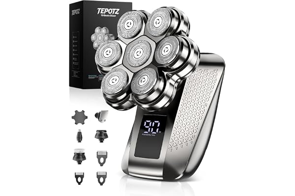 TEPOTZ 7D Head Shaver for Bald Men, Smooth Electric Razor for Head & Face, IPX7 Waterproof Wet/Dry Shaver, LED Display, Fast