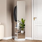 Jaxenor Standing Mirror Coat Rack Full Length, Solid Wood Rotating Mirror with Storage Hanger and Open Shelves for Bedroom and Living Room, 66" x 17.8" (White)