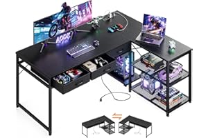 AODK 53 Inch L Shaped Computer Desk with Drawers, Corner Desk with Power Outlets & Reversible Storage Shelves, Movable CPU Stand for Home Office Gaming, Black