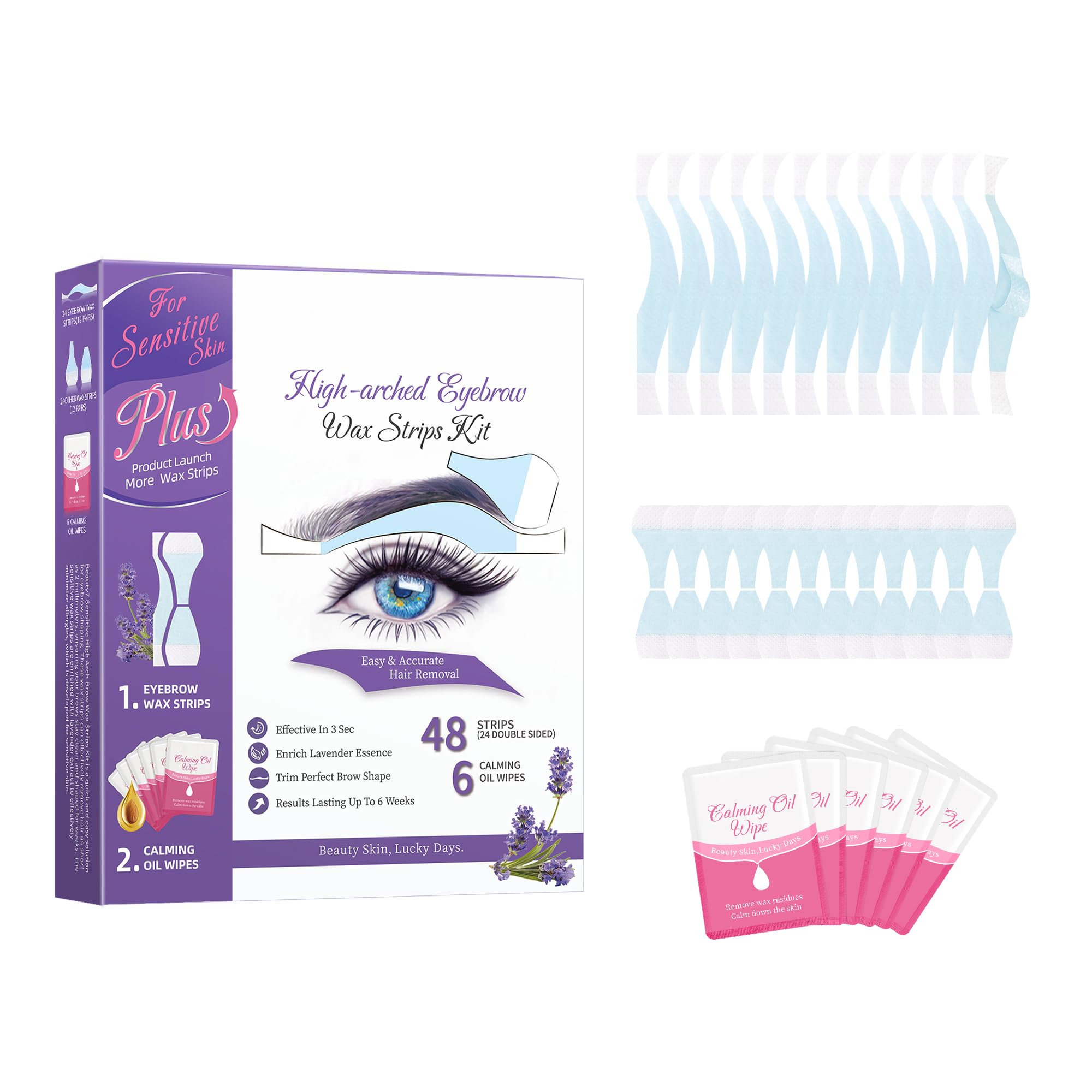 High-arched Eyebrow Wax Strips Kit 48Strips 6 oil wipes Facial Wax Strips Hair Removal High-arched Eyebrow Shaper at Home Waxing for Sensitive All Skin Types Women lavender