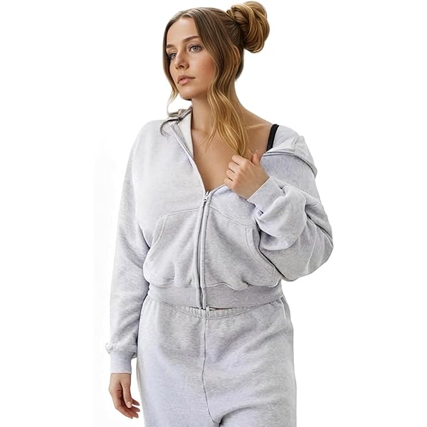 KUKICAT Sweat A Capuche Femme Court à Manches Longues Sweatshirt Zippé Décontractée Pull Mode Sweat Shirt Ado Fille Sportwear Hoodie Pas Cher