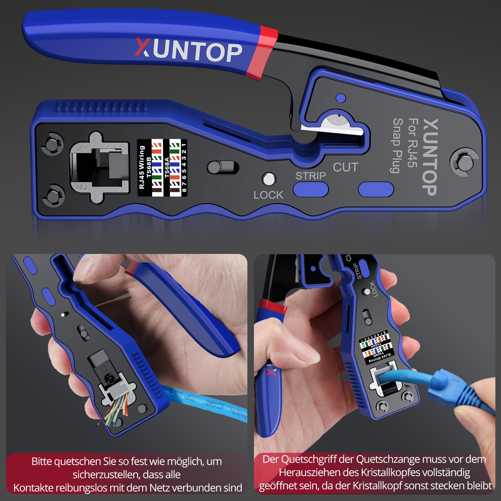 XUNTOP Netzwerkkabelzange Crimpzange RJ45 Netzwerkschlüssel Netzwerk Werkzeug für RJ45, CAT5, CAT6/CAT6A, Nicht-Allmetall CAT7 mit 20 x RJ45 Cat6 gelochte vergoldete Kristallköpfe 6