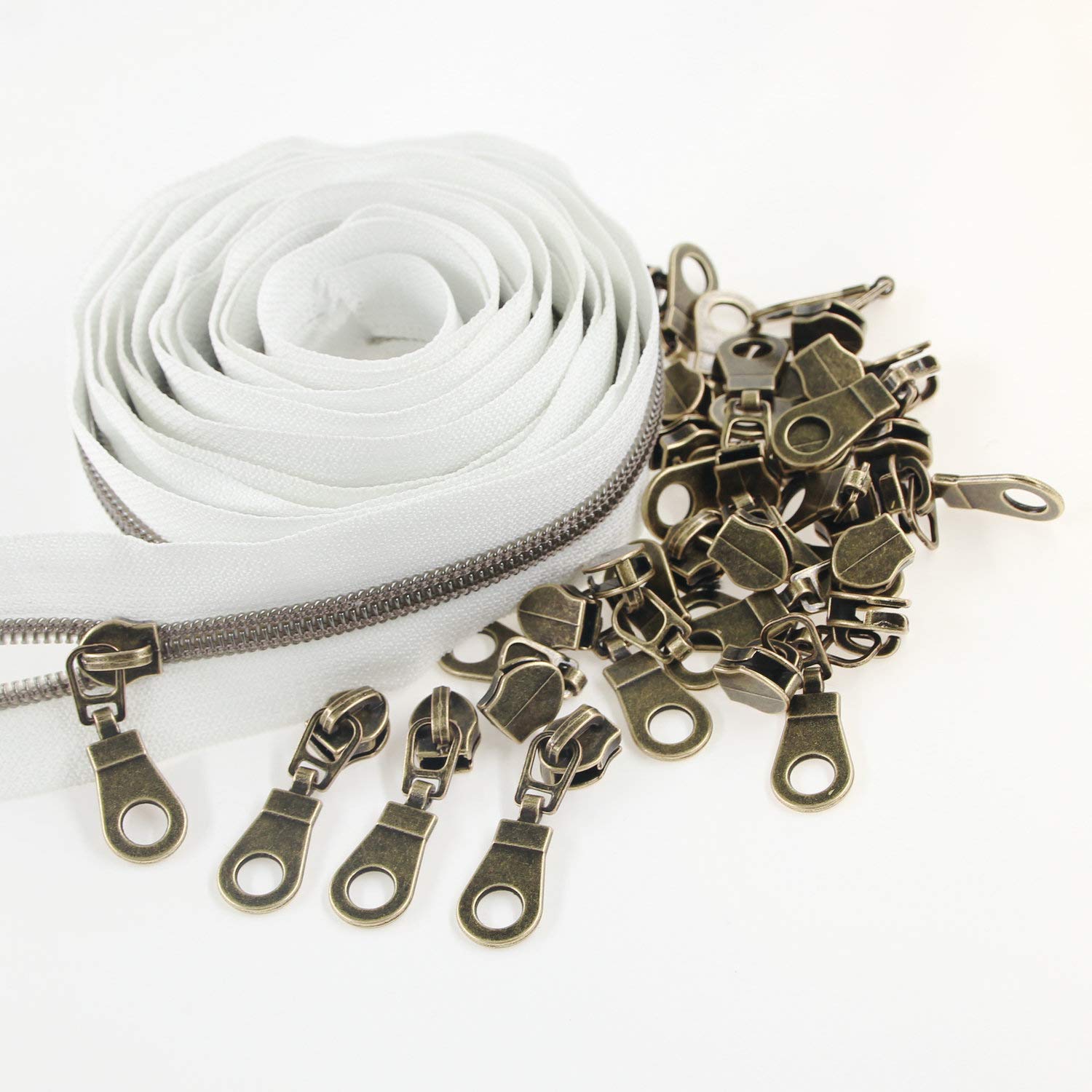 Leekayer #5 White Nylon Zippers Metallic Coil Zippers by The Yard Bulk 10 Yards White Zipper Tape with 25pcs Sliders for DIY Sewing Craft Bag (Antique Brass)
