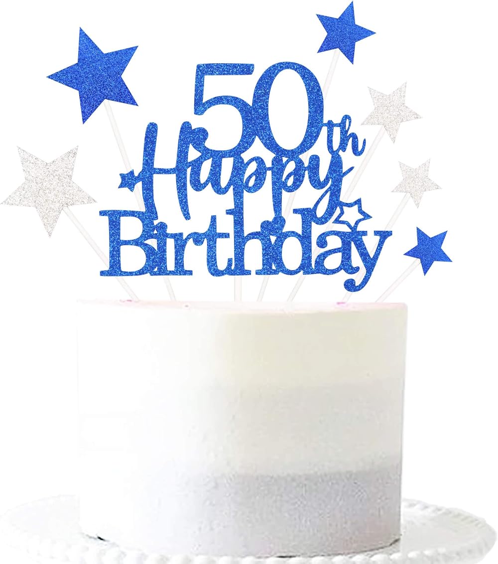 Pargleev Glittery 50th Cake Topper Blue Star Party Decorations Fifty Years Old
