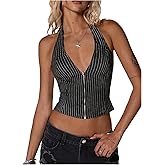 Floerns Women's Y2k Striped V Neck Backless Halter Crop Tops Zip Up Sleeveless Tie Open Back Tank Top