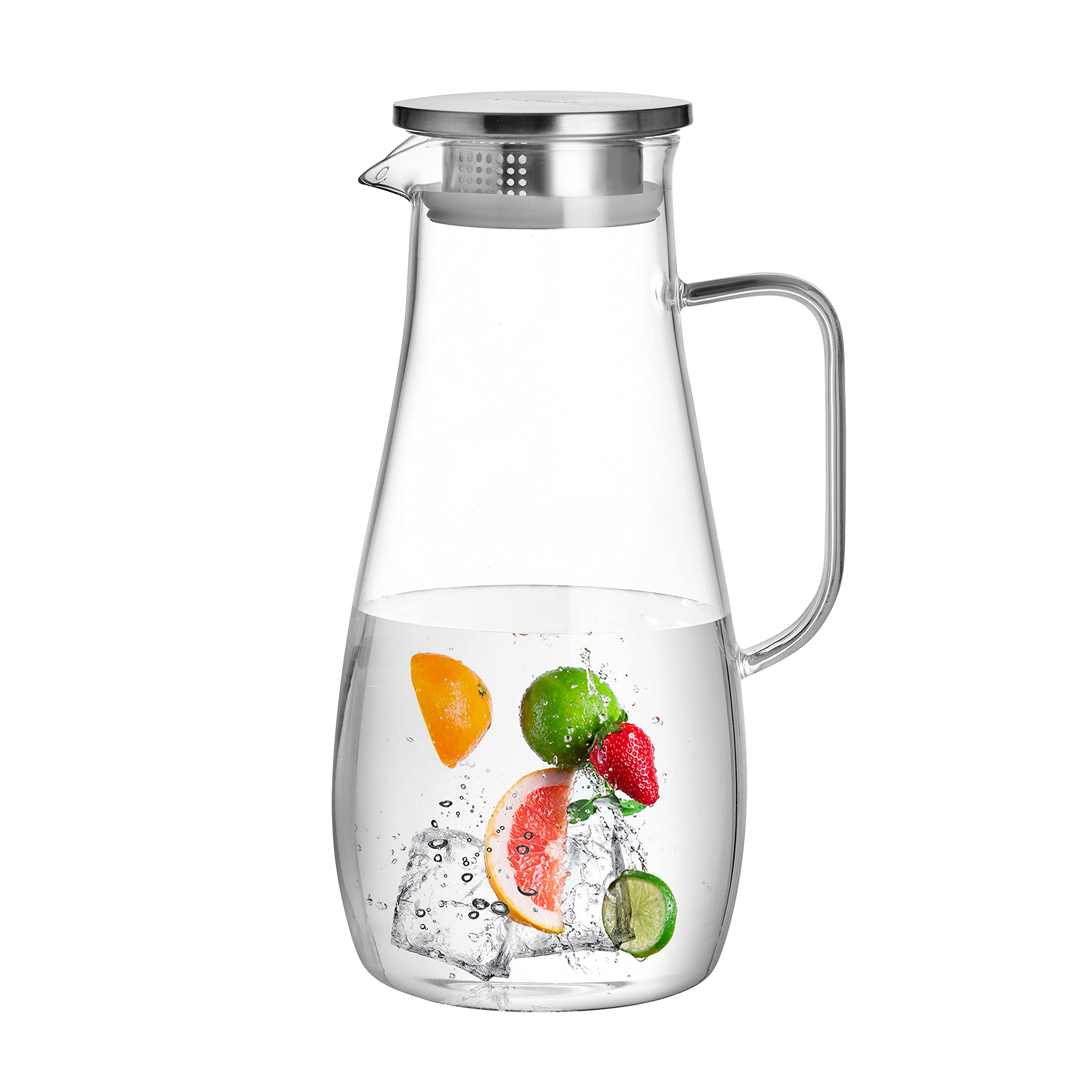 CNGLASS 2L Glass Water Jug with Stainless Steel Lid, Heat Resistant Glass Pitcher for Juice,Tea & Beverage