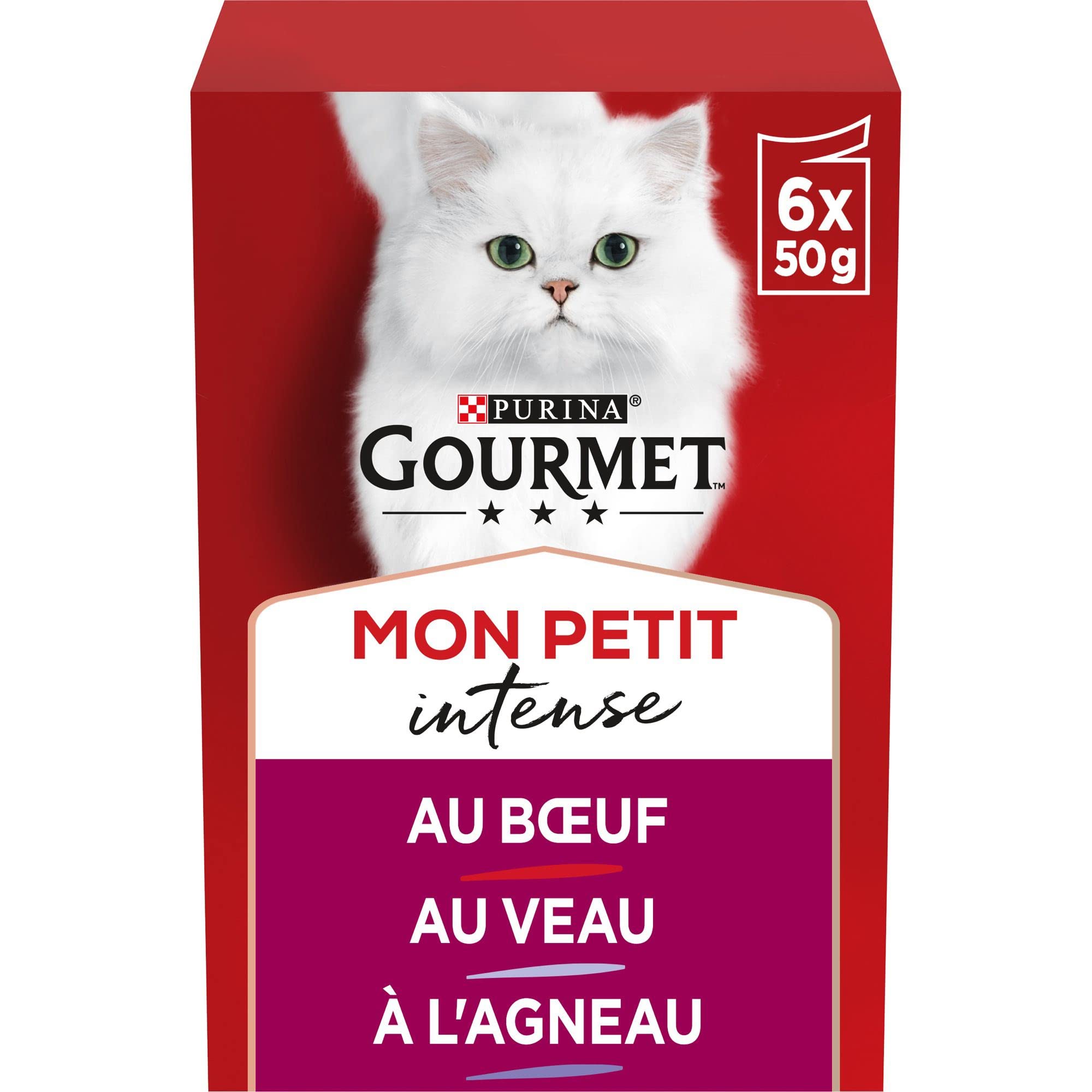 GOURMET | MON PETIT INTENSE | Adult Cat | Sliced in sauce | Meat selection: Beef, Veal, Lamb | Fresh Bags | Pack of 8 (6 x 50g)