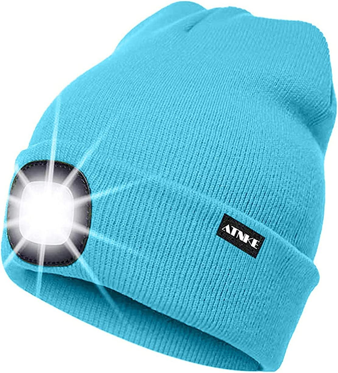ATNKE LED Lighted Beanie Cap,USB Rechargeable Running Hat Ultra Bright 4 LED Waterproof Light Winter Warm Gifts for Men and Women/Light Blue