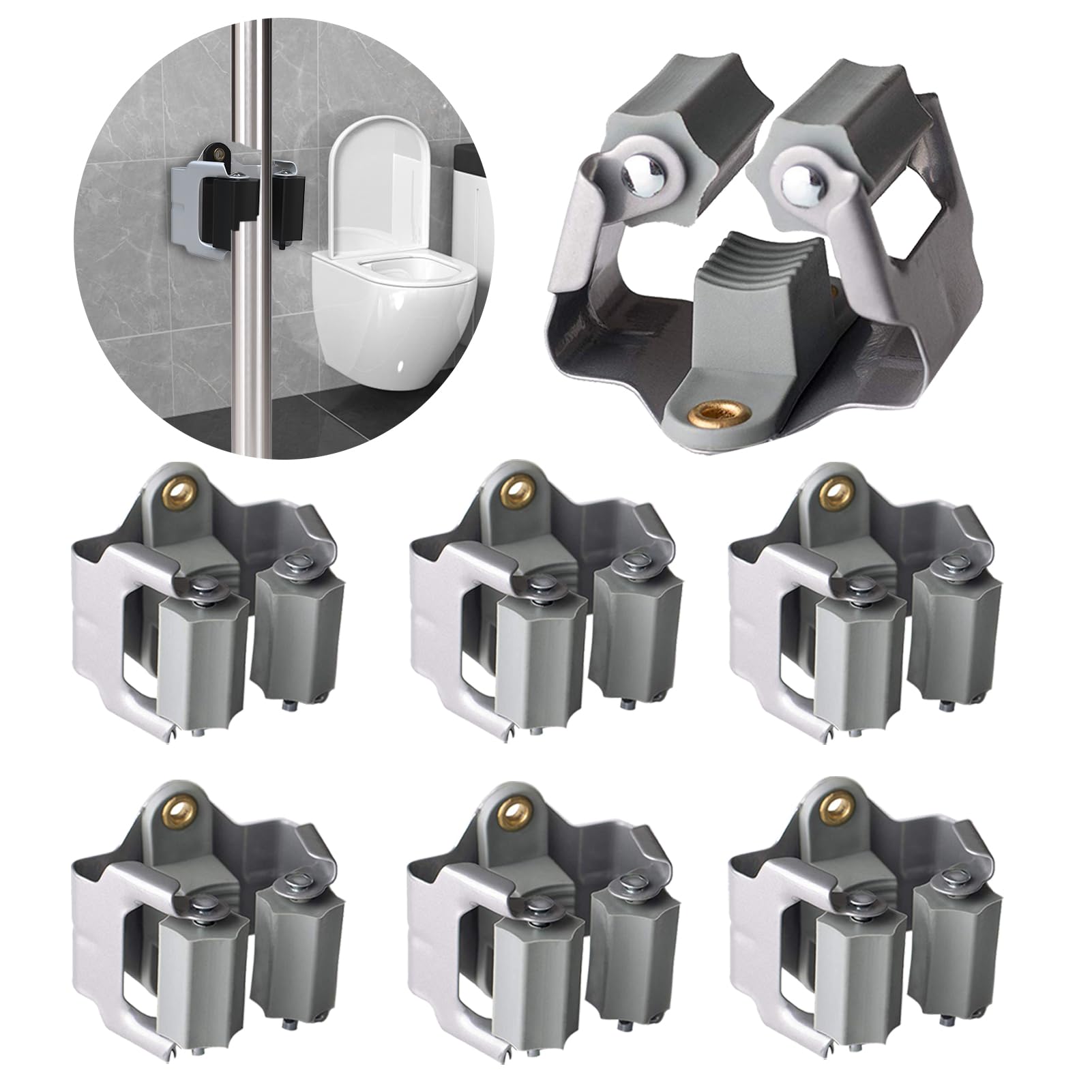 3-H Mop Holder 6 Pack,Brush Holder,Broom Holder Wall Mounted for Kitchen Bathroom Laundry Room Shed Garage Garden(Grey)