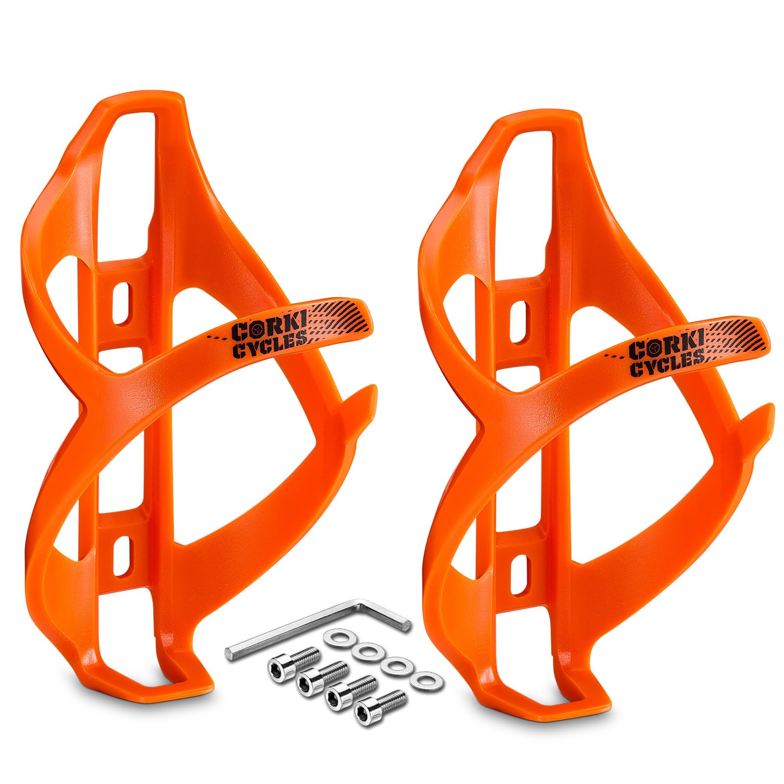 Corki Cycles Bike Water Bottle Holder, Right Side Load Water Bottle Cage for Road Bikes & Mountain Bikes - Orange - 2PACK