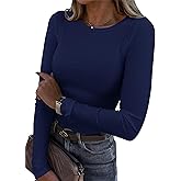 Roselux Womens Long Sleeve Stretch Crewneck Ribbed T-Shirt Fitted Casual Basic Tops