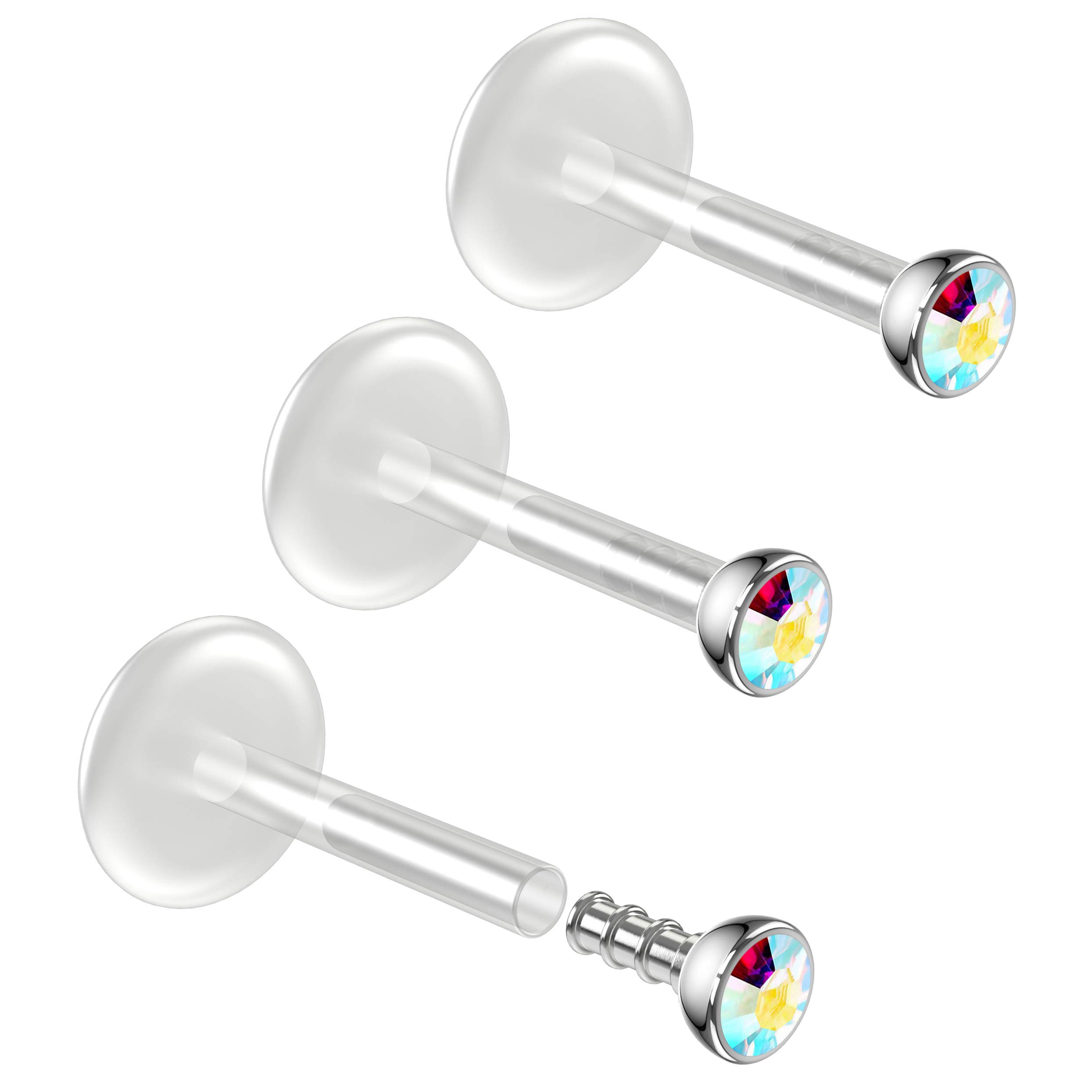 2pc 16g 1.2mm 8mm Labret Bar Studs Lip Bioflex Push in Monroe Ring Tragus Flexible Piercing Aurora Borealis AB