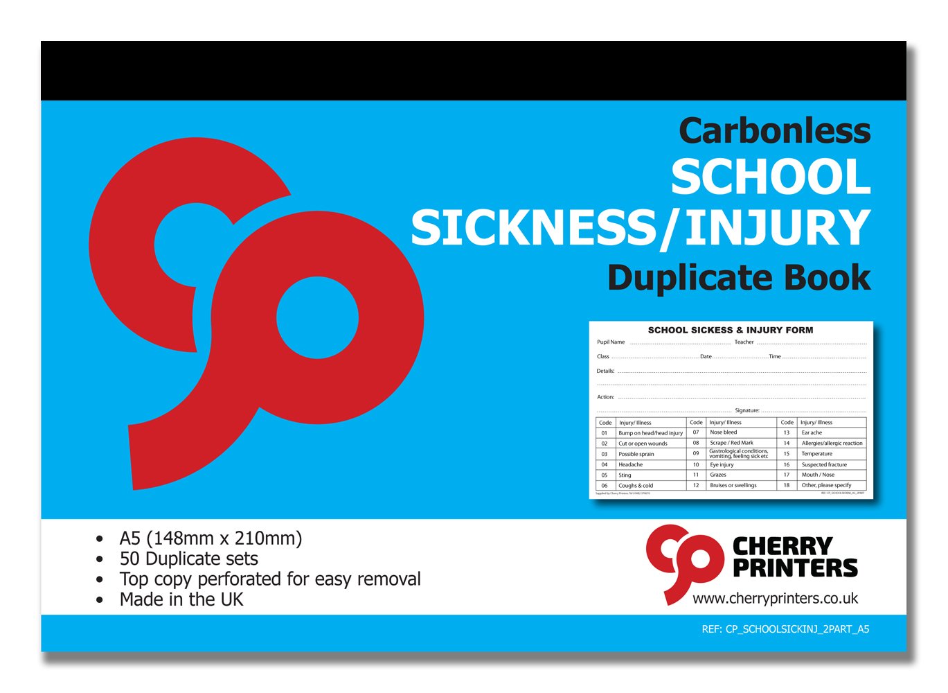 Cherry Printers NCR School Sickness & Injury Duplicate Book A5 (148mmx 210mm) 50 Sets Carbonless