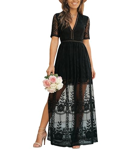 boho occasion dress Womens White Maxi Deep V Neck Short Sleeve Lace Ruffle Long Dress Elegant Floral Beach Dresses (White, L) at Amazon Women's Clothing store COLOR:Midnight Multi/Nude