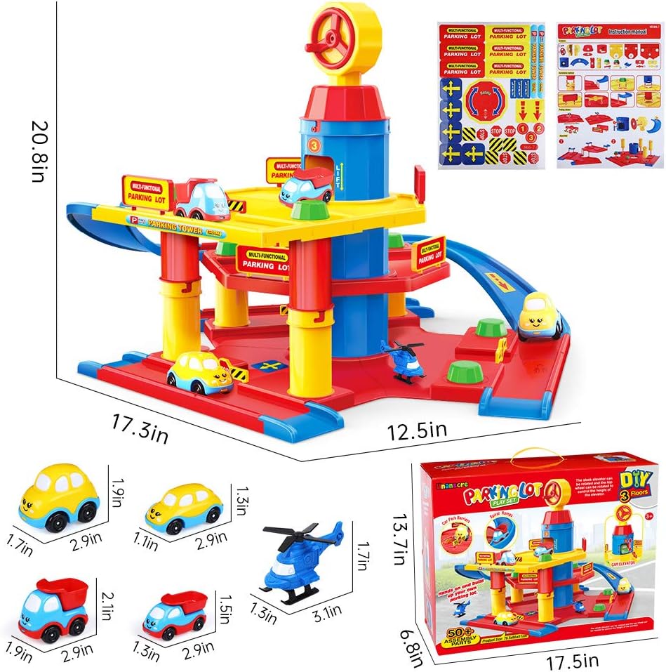 unanscre 3-Level Car Parking Garage Toy, Parking Lot Garage Building Playset, Race Tracks Car Ramp Toy with Elevator, 2 Helicopters and 4 Toy Vehicles, for Boys, Kids, Toddlers Age 3+: Toys & Games
