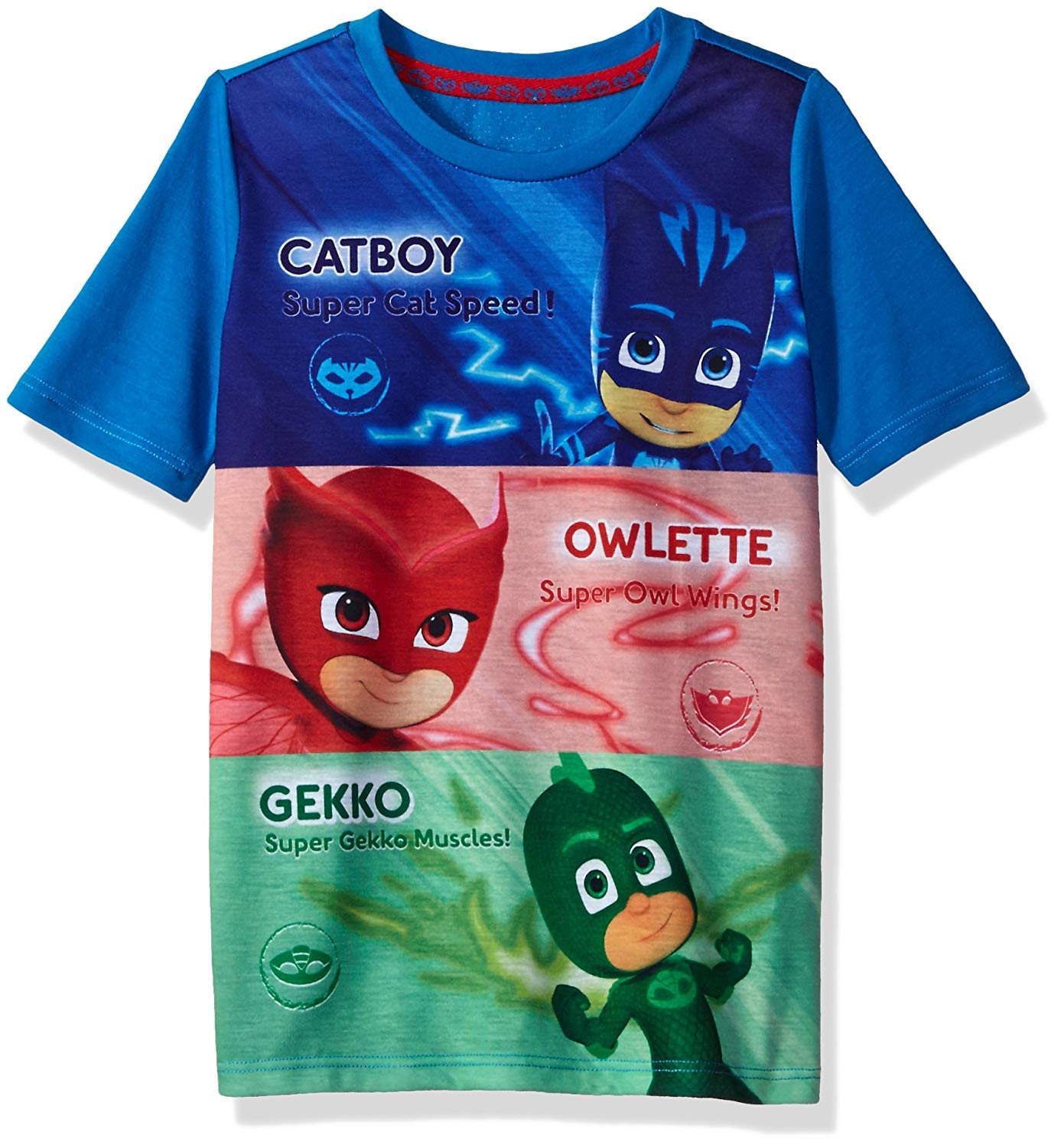 PJ Masks Boys' Short Sleeve T-Shirt – Catboy, Owlette & Gekko Graphic Tee – Soft Cotton Crewneck Top (Blue/Red/Green, 4T)
