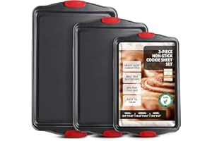 JOYTABLE Baking Sheet Set, 3-Piece Cookie Sheet Set with Silicone Handles, Steel Baking Pan, Durable Baking Sheets for Oven, BPA Free Cookie Sheets for Baking Nonstick Set, Premium Sheet Pan, Black Baking Tray