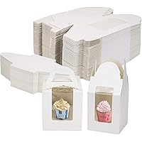Jucoan 100 Pack White Single Cupcake Boxes, Kraft Paper Individual Cupcake Container with Window Insert Handle, Portable Bake