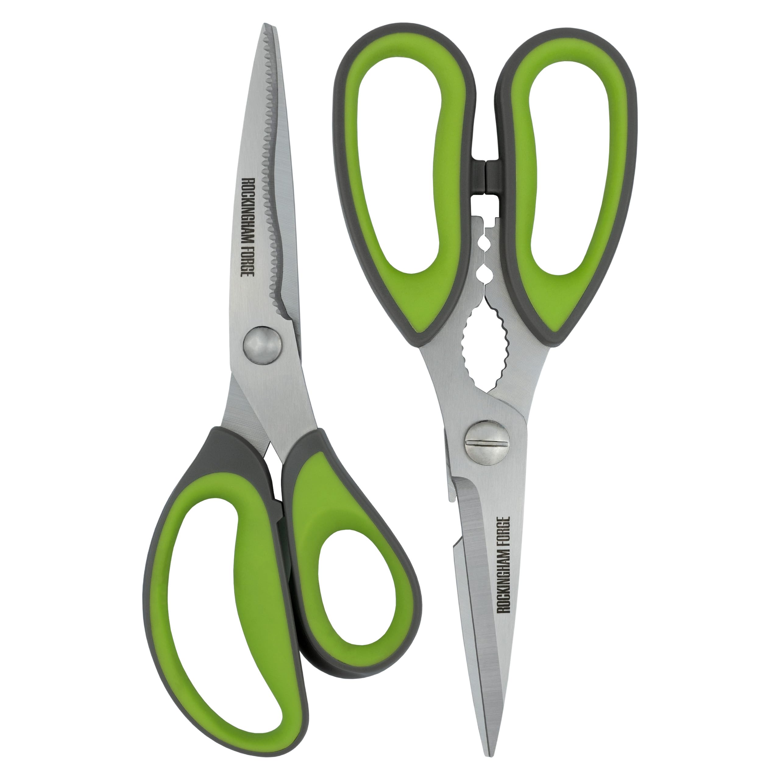 Rockingham Forge 2 Piece Sharp Kitchen and Household Scissor Set, Rust Resistant, Kinked and Curved 9CM Stainless Steel Blades, Nut Cracker and Bottle Opener, Green and Grey