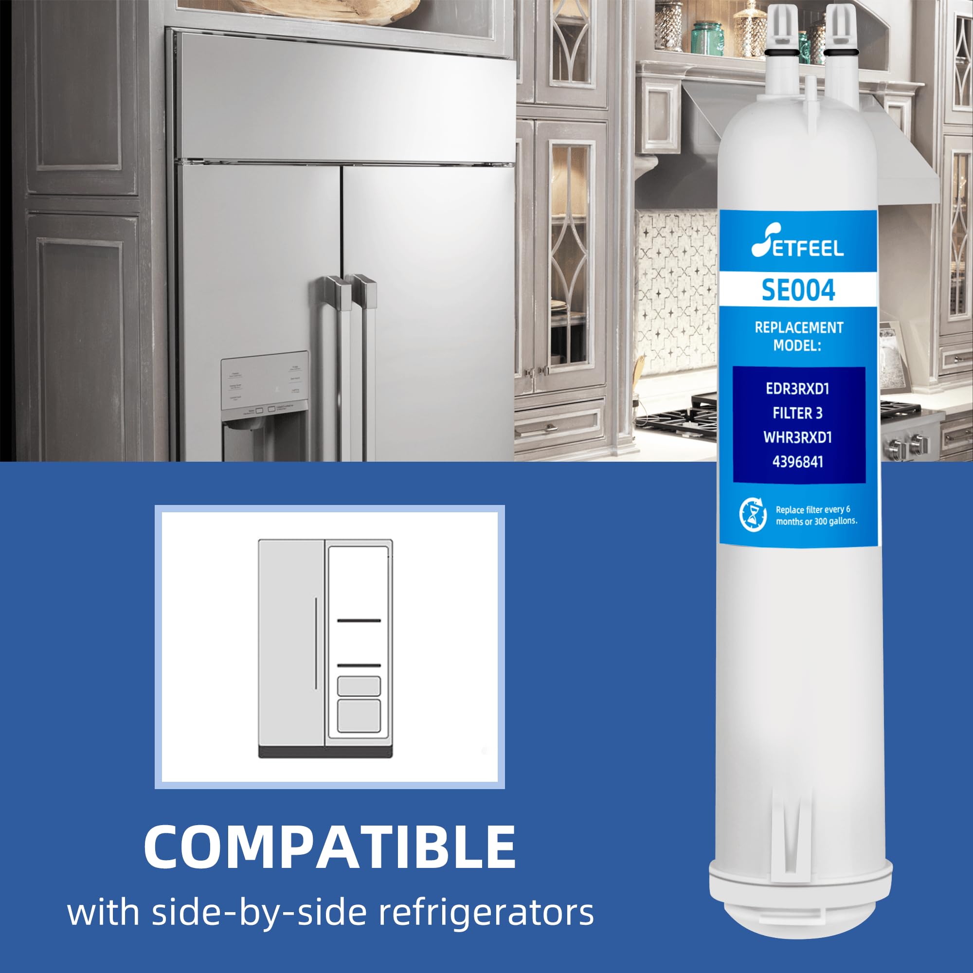 Edr3rxd1 4396841 Water Filter Replacement For Whirlpool Fridge, Compatible With Everydrop Filter 3, Kenmore 9083, kad3rxd1, whr3rxd1, 9030, 460-9083, 4396841, 4396710, 3 Pack SETFEEL