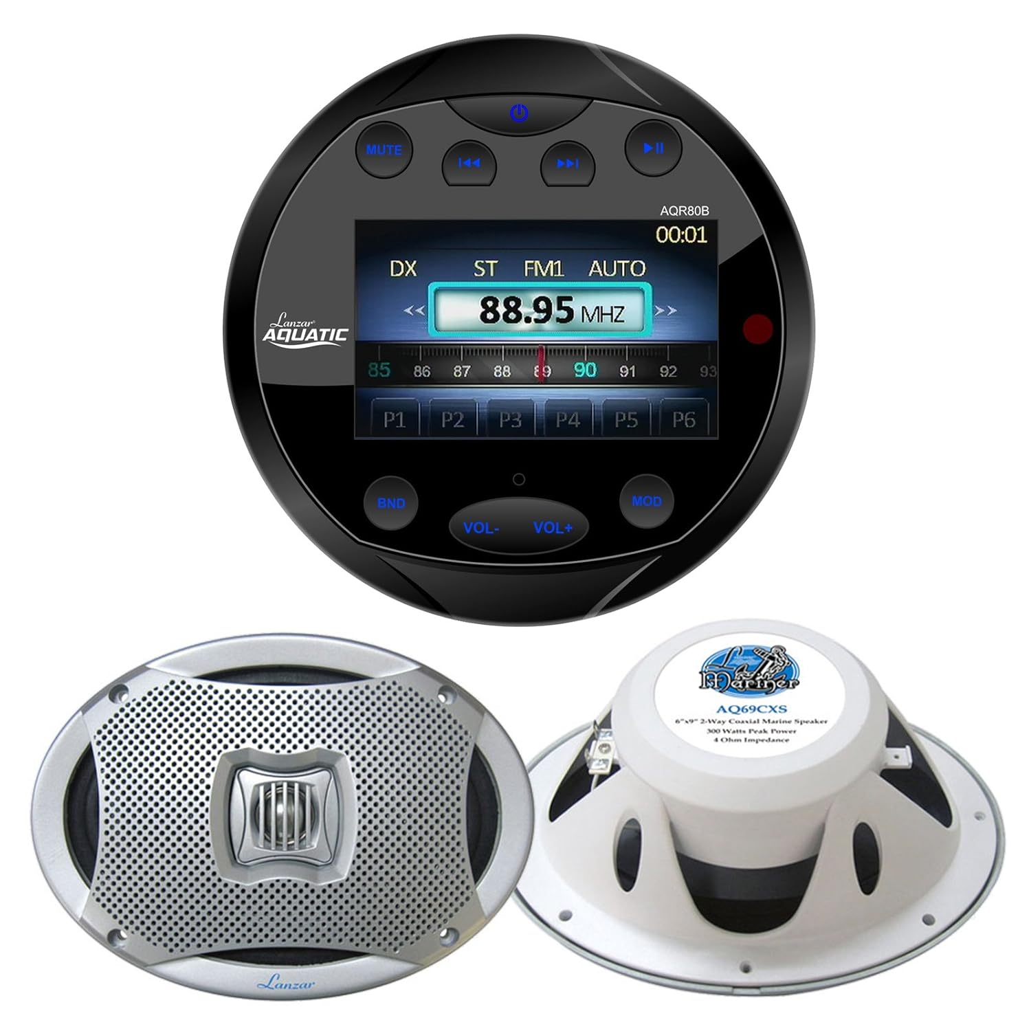 Lanzar Aqr80b Round Aquatic Waterproof Marine Stereo In Dash Bluetooth Receiver Black 4x Lanzar Aq69cxs 6x9 Marine Water Resistant 2 Way 500 Watt