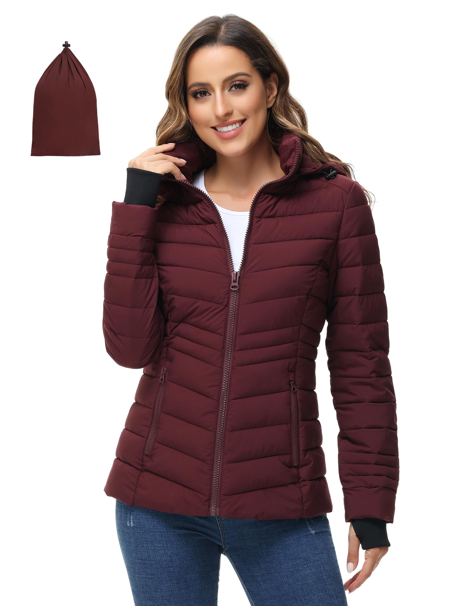 Photo 1 of ROYAL MATRIX Packbale Puffer Jacket for Women Lightweight Puffy Jacket Winter Quilted Puffer Coat Wine,L