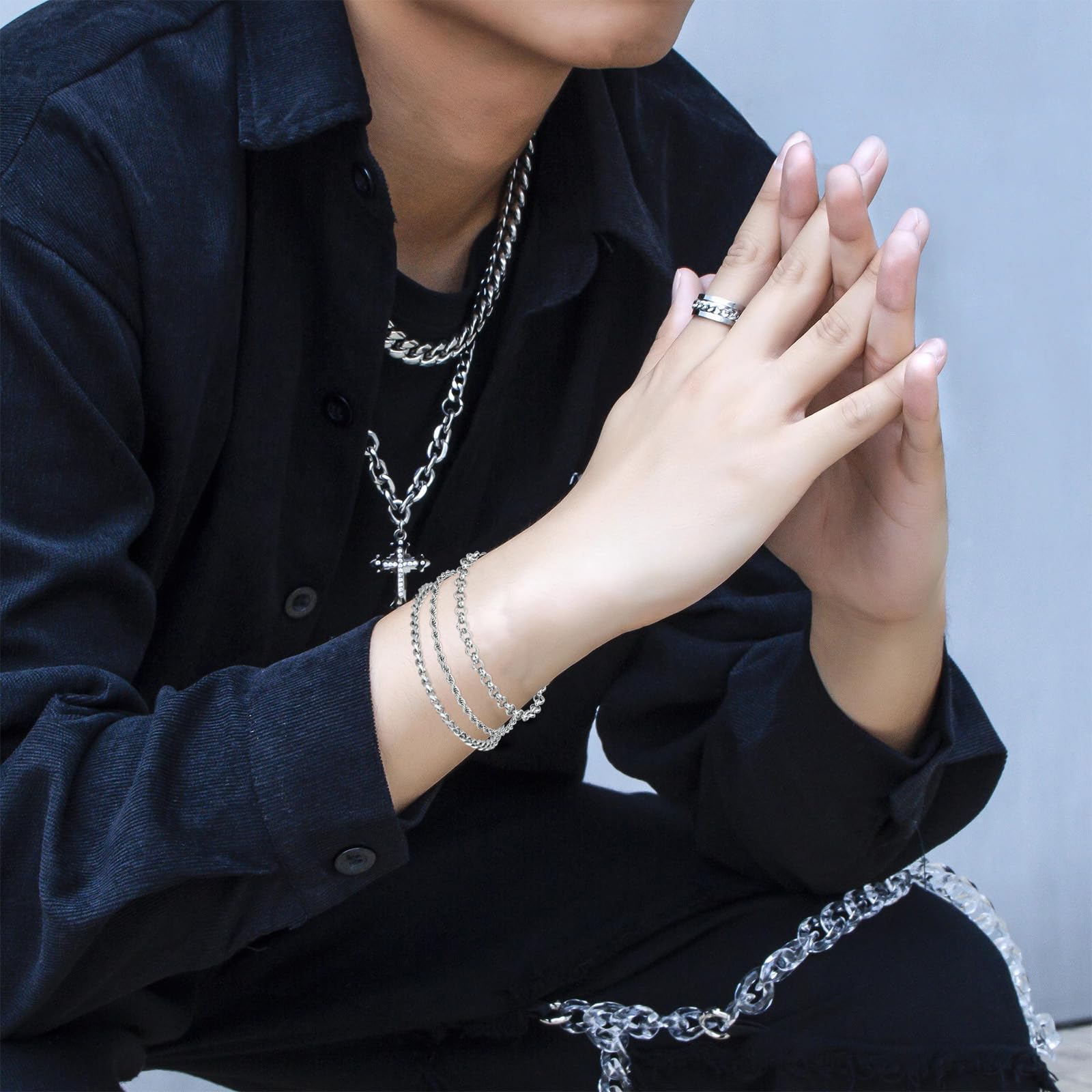 NEWITIN 15 Pieces Silver Jewelry Set for Men Stainless Steel Cuban Link Necklace Bracelet Cross Pendant Necklace Vintage Ring Cuban Jewelry Set for Men Women