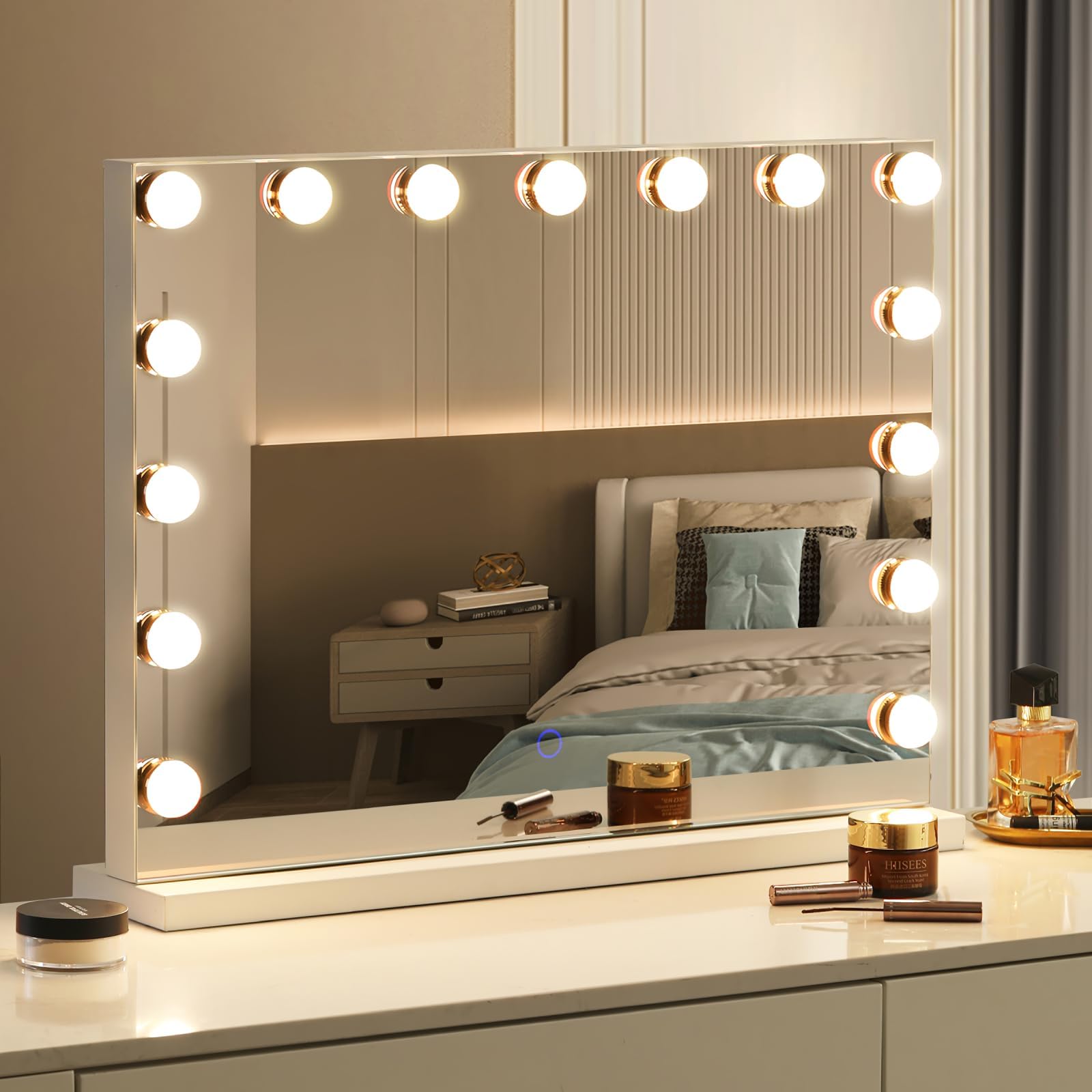 Amifiy Hollywood Vanity Mirror with Lights, 23″x18″ Lighted Makeup Mirror for Desk/Wall Mount, 15 Led Bulbs, 3 Lighting Modes for College Dorm, Bedroom & Dressing Room (White)