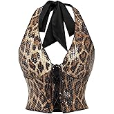 RoseSeek Women's Y2K Sequin Leopard Lace Up Halter Tops Backless Party Night Out Crop Corset Top