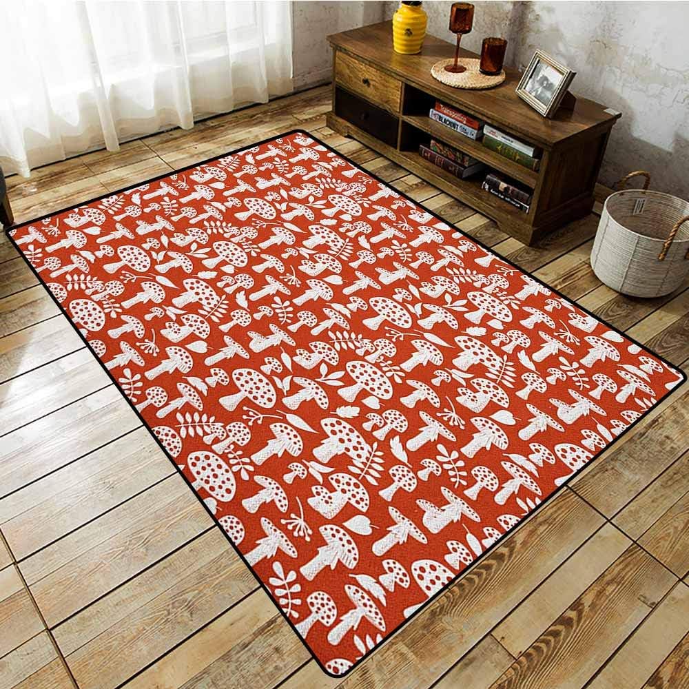Indoor/Outdoor Rug,Mushroom,Cute Amanita Pattern with Leaves Berries Poisonous Plants Cartoon Style,Extra Large Rug Burnt Sienna White