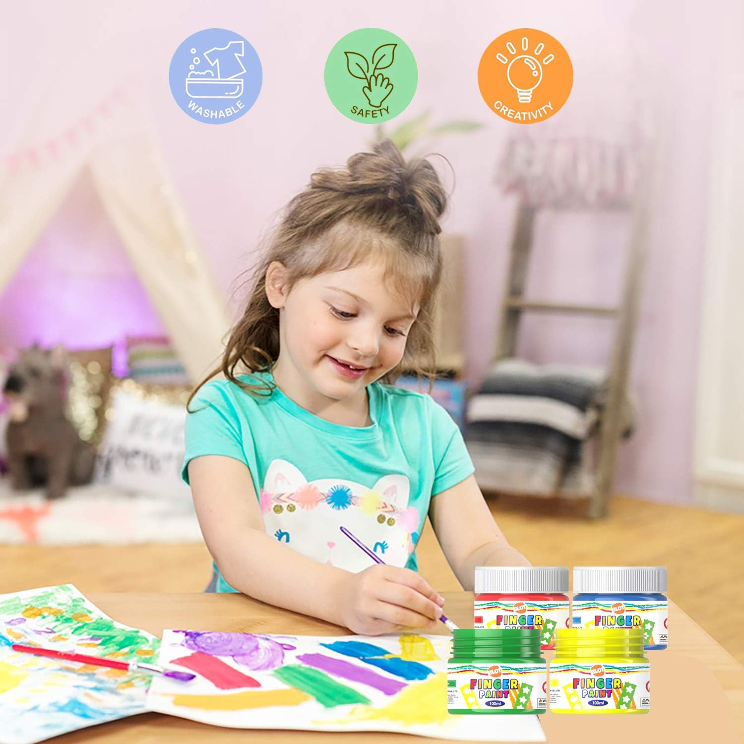 INK LAB Early Learning Kids Paint Set Washable Finger Paint Kit with Painting Brushes Apron Sponges for Toddlers Children Drawing, 6 Colors, 100ml/Can: Toys & Games