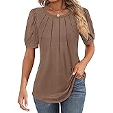 Riyiper Women's Short Sleeve Pleated Tops Crew Neck Puff Sleeve Spring Blouses Tunic Top Summer Dressy Casual T Shirt