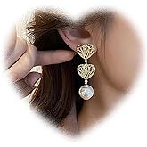 W WEILIRIAN Boho Love Heart Dangle Earrings Vintage Pearl Drop Earrings for Girls Gold Heart Earrings Hollow Heart Stud Earrings Jewelry for Women Gifts