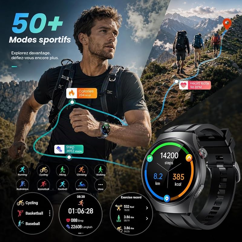 Montre Connectée Homme ECG+HRV Smartwatch: 1.43" AMOLED Montre Intelligente Homme avec Fréquence Cardiaque Tension Arterielle SpO2 Sommeil Température Corporelle Appel Bluetooth pour iOS et Android — photo 6 sur 7