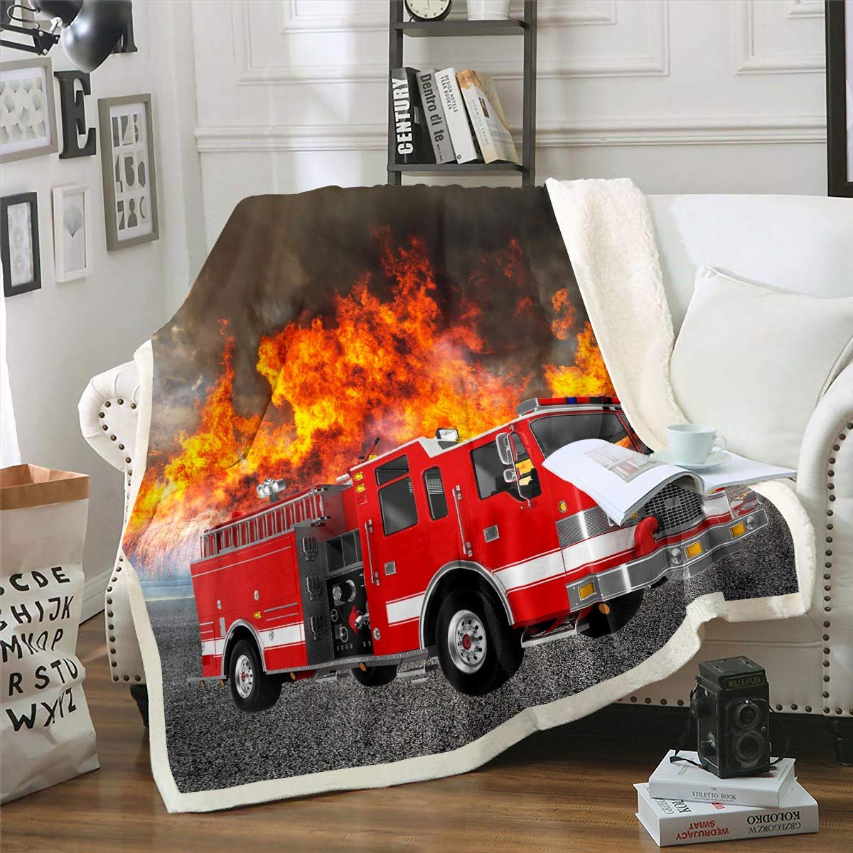 Loussiesd Fire Truck Car Fleece Throw Blanket Fire Engine Pattern Sherpa Blanket for Bed Couch Sofa Children Firefighter Firemen Plush Blanket Red Truck Fuzzy Blanket Bedroom Decor Baby 30"x40"
