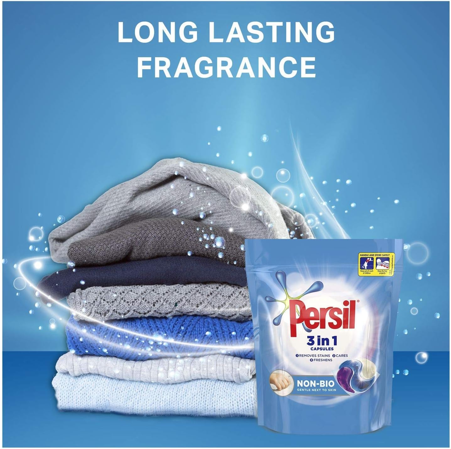 Persil 3 in 1 Non Bio Laundry Washing Capsules removes stains first time for washing that's gentle next to sensitive skin 3x 50 capsules (150 washes) - Image 5