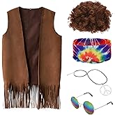 ACTLATI 60s Hippie Costume Set for Men Fringe Vest Wig Tie Dye Headband Peace Sign Necklace Sunglasses for Halloween Party