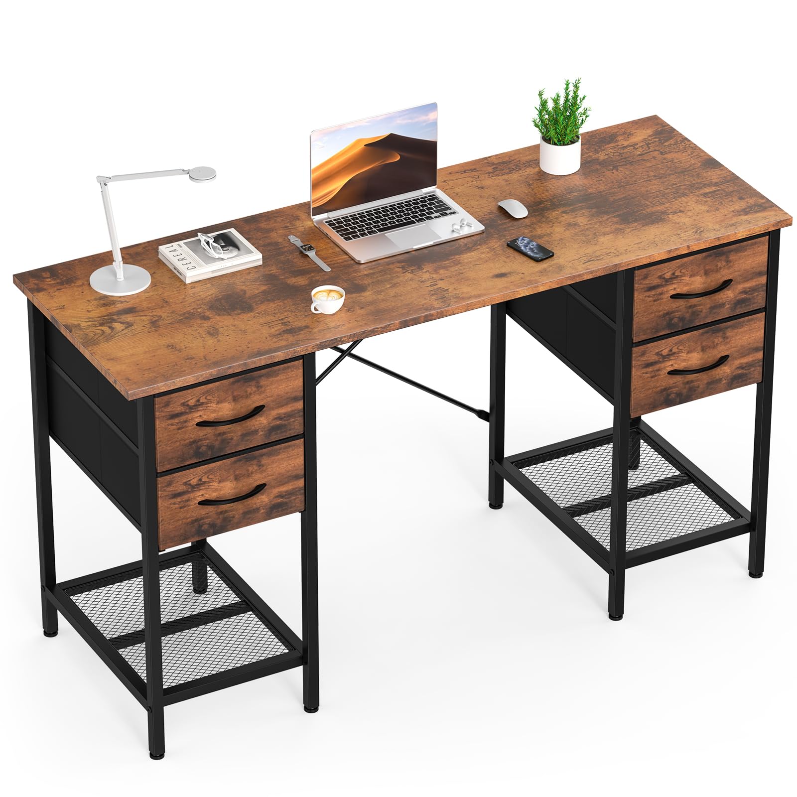 Sweetcrispy Computer Desk with Drawers, 55 Inch Home Office Bedroom Table with 4 Fabric Drawers & 2 Mesh Storage Shelves, Wood Table with X-Shaped Structure for Writing Study PC Desk, Brown Image