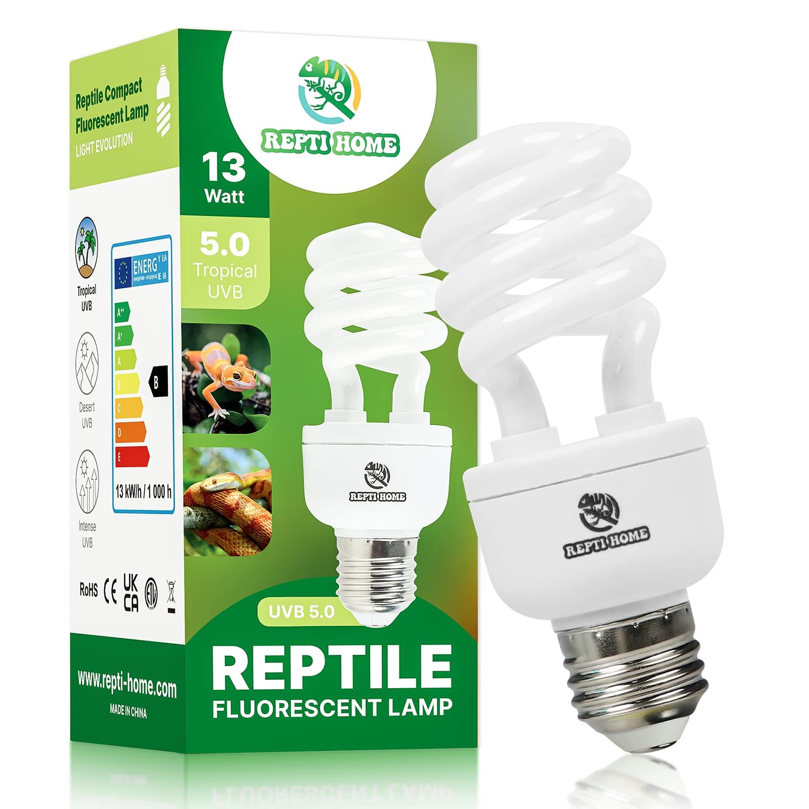 REPTI HOME Reptile UVB Light Bulb 13W, UVA UVB 5.0 Fluorescent Lamp Bulb, Vivarium UVB Light Reptile Kit for Tortoise,Lizard,Bearded Dragon
