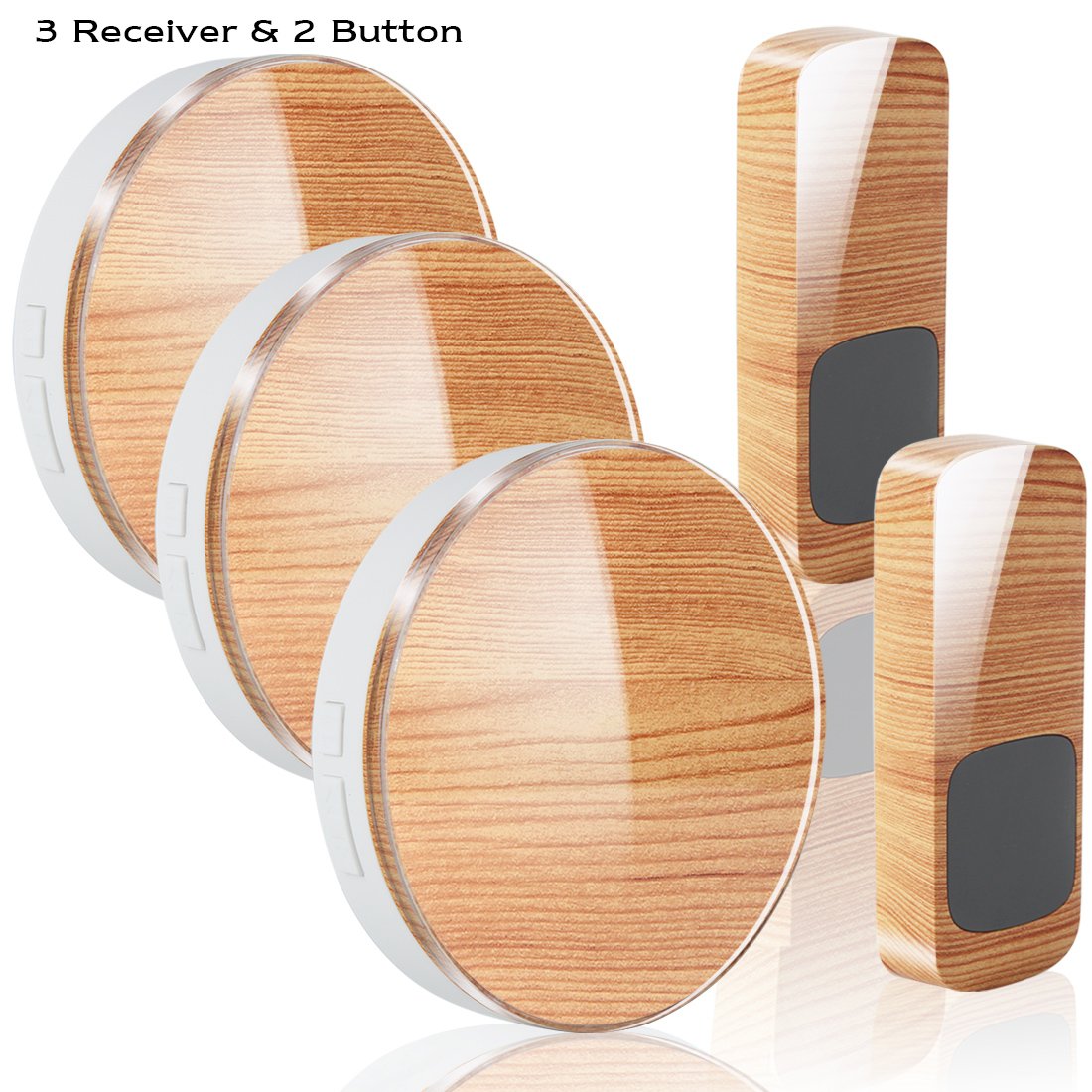 Heiyo Wireless Doorbell Wood Grain Series-2 Remote Button and 3 Remote Receivers with Operating at 260-feet/52 MP3 Melodies/ 4-Level Volume for Home/Office/Stores or Other