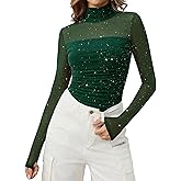 Bridesmay Sparkly Sequin Mesh Tops for Women Long Sleeve Sheer See Through Top Mock Neck
