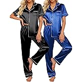 Ekouaer Satin Pajamas Set Women Short Sleeve Sleepwear Soft Button Down Loungewear Pjs Set