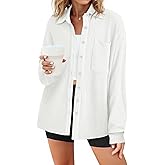 Tankaneo Womens Waffle Knit Button Down Shirts Fall Dressy Casual Long Sleeve V Neck Blouse Loose Fit Work Tops Shacket