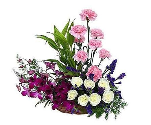 Florazone Triple Elegance Basket Arrangement Carnation, Roses, Orchids, Multicolour