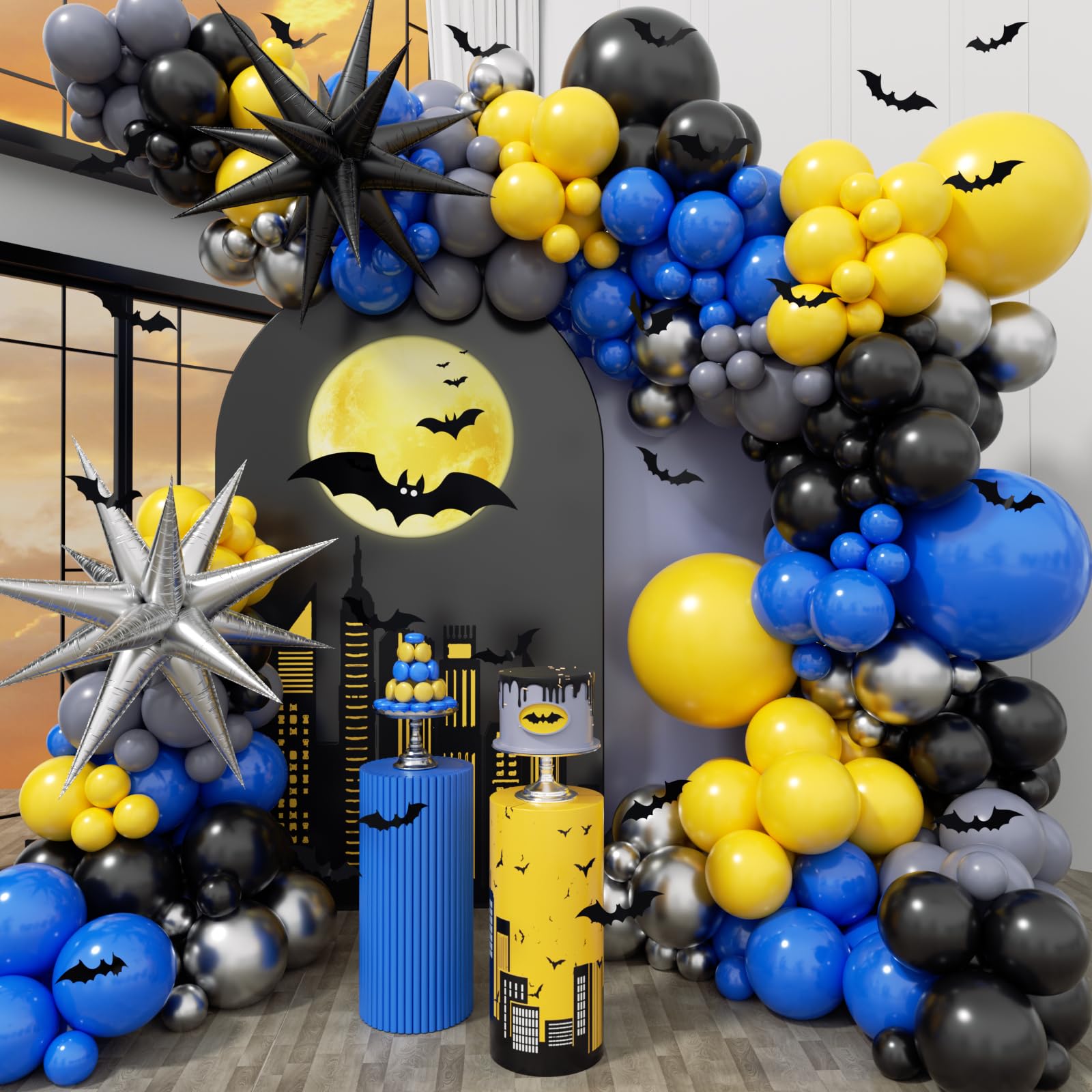 Photo 1 of 129pcs Blue and Yellow Balloon Arch Kit with Blue Gray Silver Black and Yellow Balloons for Birthday Party Decorations