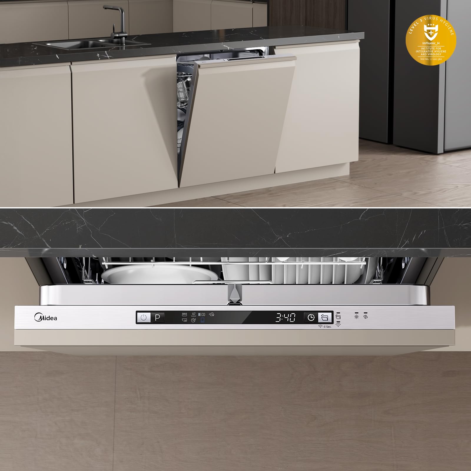 Midea SV 5.14K14C Geschirrspüler Vollintegriert 60cm, 14 Maßgedecke, Spülmaschine Unterbaufähig mit WIFI, 8 Programme, 44 dB, Automatische Türöffnung, 0-24H Startverzögerung, Inox 9